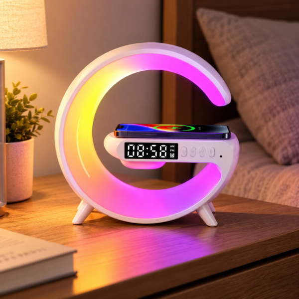 Мултифункционална LED смарт лампа 6 в 1 с Bluetooth колонка, RGB осветление, будилник и безжично зареждане 10 W