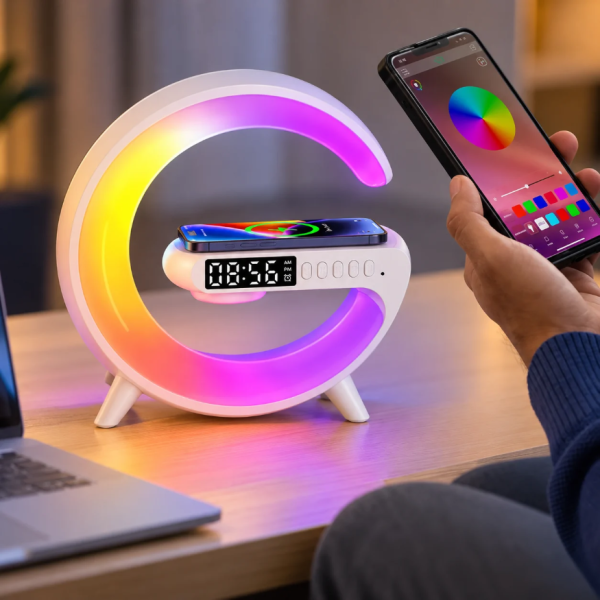 Мултифункционална LED смарт лампа 6 в 1 с Bluetooth колонка, RGB осветление, будилник и безжично зареждане 10 W