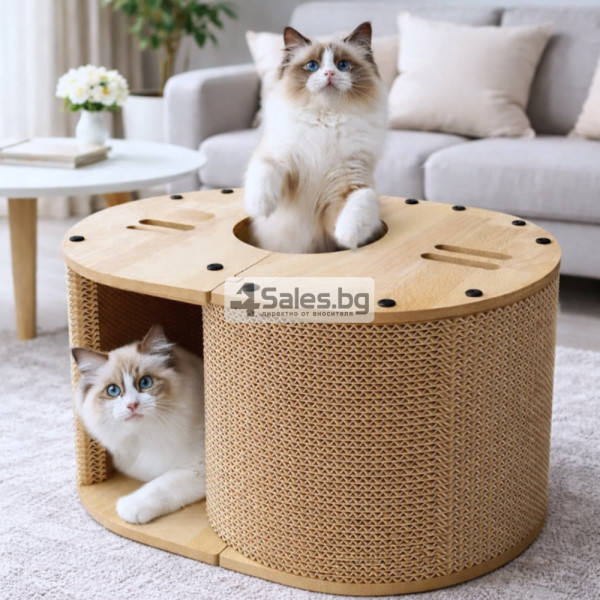 Картонена къща за котки 3 в 1 – уютно легло, скривалище и драскалка, 57 × 39,5 × 25 см 4