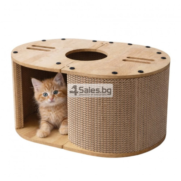 Картонена къща за котки 3 в 1 – уютно легло, скривалище и драскалка, 57 × 39,5 × 25 см
