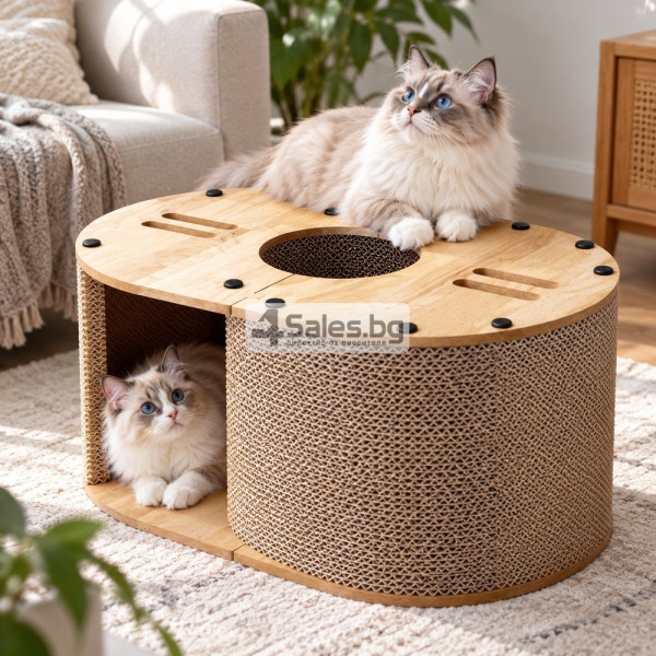 Картонена къща за котки 3 в 1 – уютно легло, скривалище и драскалка, 57 × 39,5 × 25 см 2