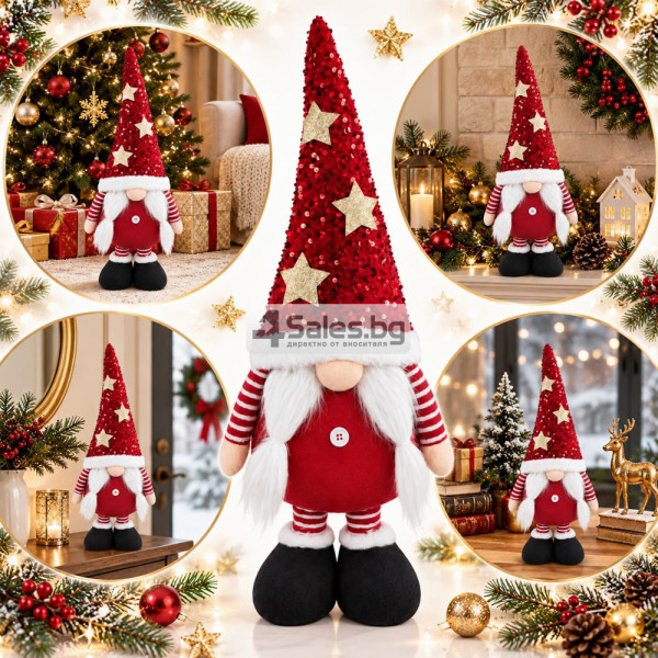 Коледен гном с телескопични крака и регулируема височина 69–121 см, червен със златисти звезди и бяла брада 5