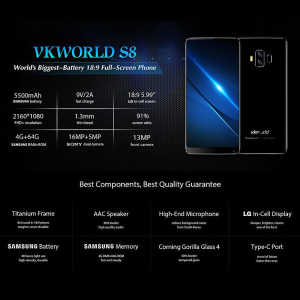 Смартфон ново поколение VKworld S8 с 16Mpx DUAL CAM, 8-ядрен процесор, 5,9" инча