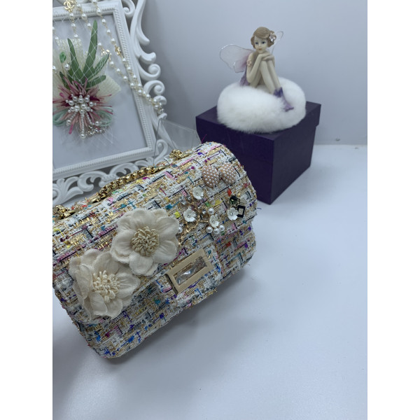 Малка дамска чантичка с цветя и розови перлички във винтидж стил ZSB-S-2