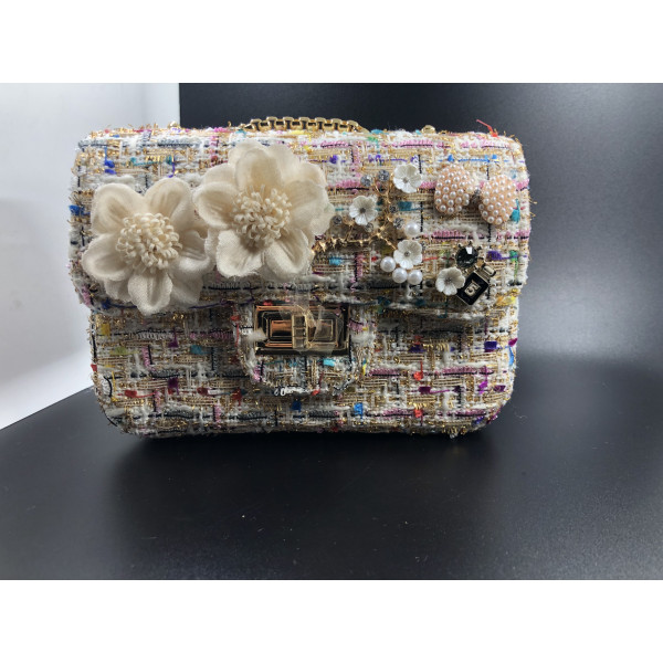 Малка дамска чантичка с цветя и розови перлички във винтидж стил ZSB-S-2