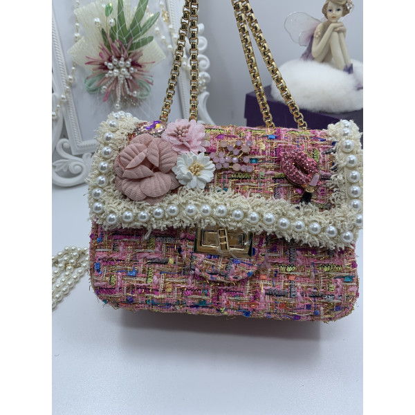 Розова дамска чантичка, декорирана с цветя и перли ZSB-S-4 1