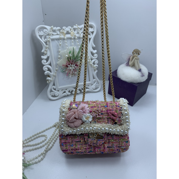 Розова дамска чантичка, декорирана с цветя и перли ZSB-S-4 2