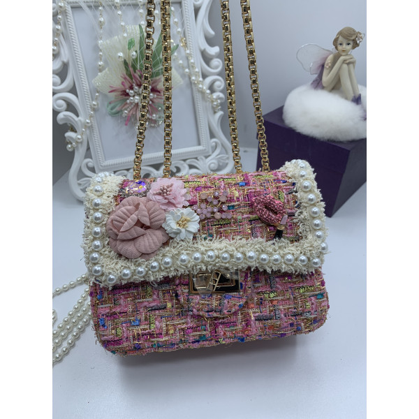 Розова дамска чантичка, декорирана с цветя и перли ZSB-S-4