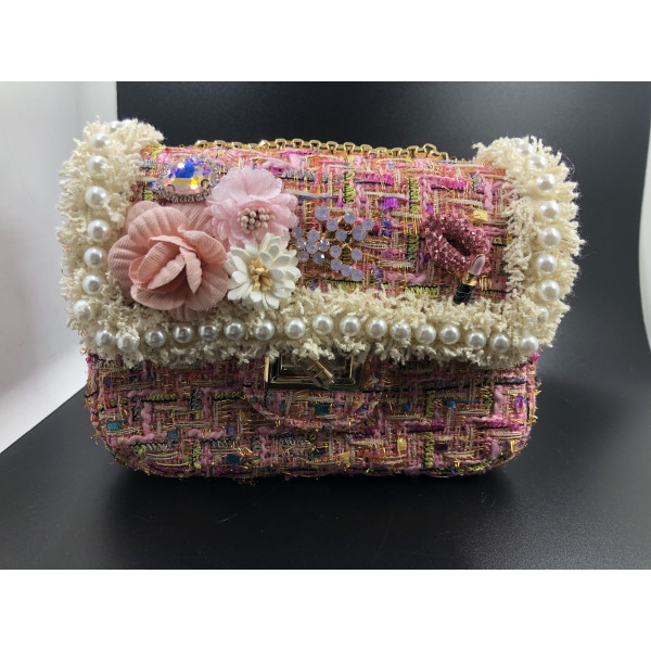 Розова дамска чантичка, декорирана с цветя и перли ZSB-S-4 9