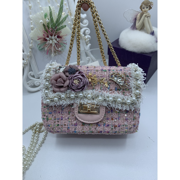 Кокетна розова дамска чантичка с цветя и перли ZSB-S-10