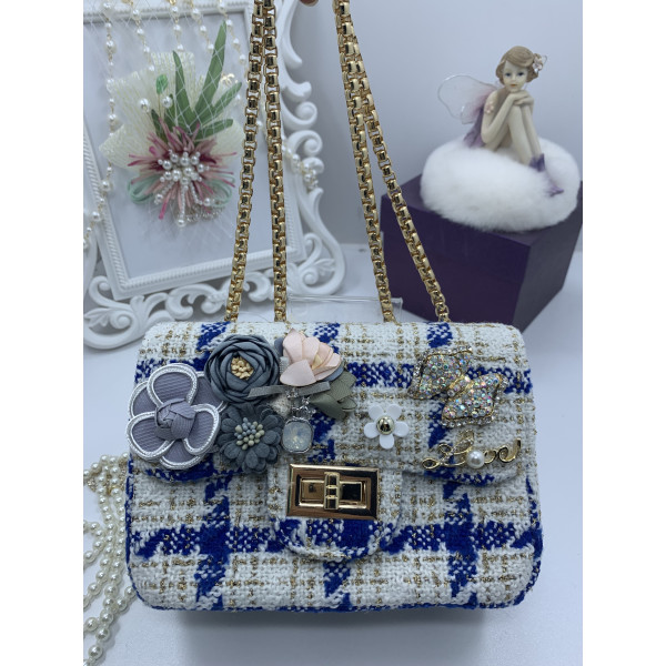 Дамска чантичка в каре с бяло и синьо, с цветя и златисти акценти ZSB-S-13