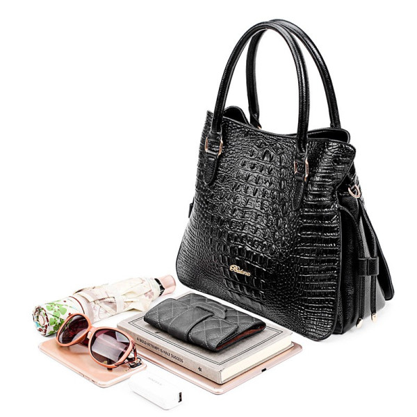 Елегантна, мека кожена чанта с крокодилски релеф в комплект с портфейл BAG85 5