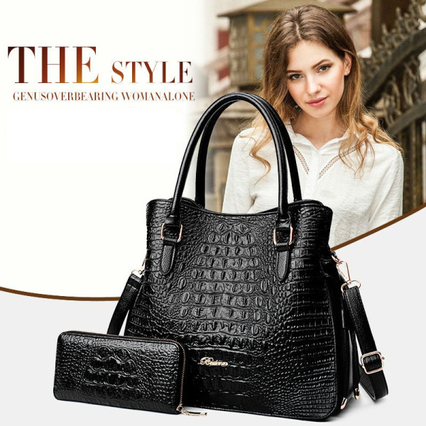 Елегантна, мека кожена чанта с крокодилски релеф в комплект с портфейл BAG85 7