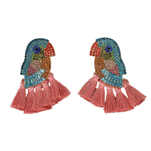 Модерни обеци птица с цветни пискюли и кристали  А58