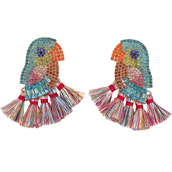 Модерни обеци птица с цветни пискюли и кристали  А58