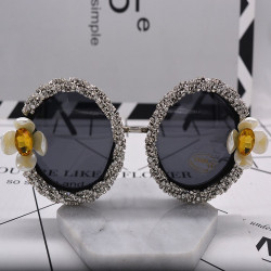 Модни кръгли очила с инкрустирани камъни и декоративни цветя yj10