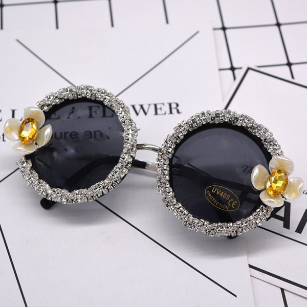 Модни кръгли очила с инкрустирани камъни и декоративни цветя yj10