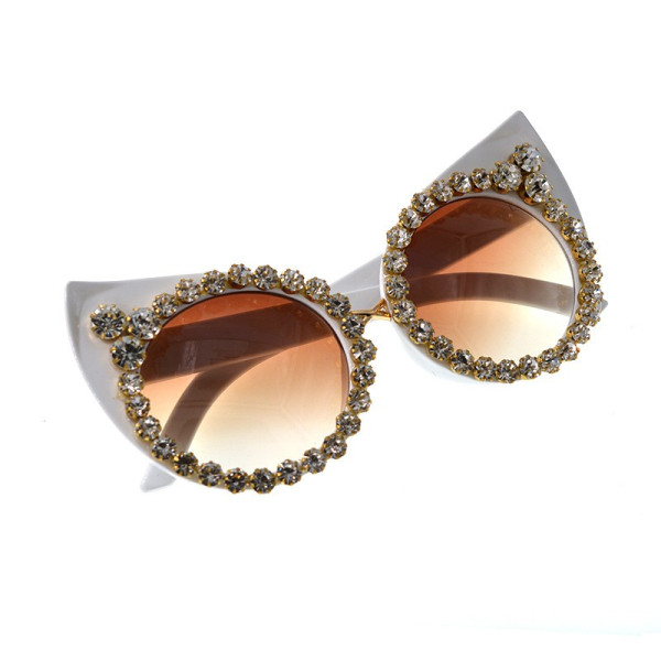 Големи модни слънчеви очила „котешко око“ с бяла рамка и камъни yj25 6