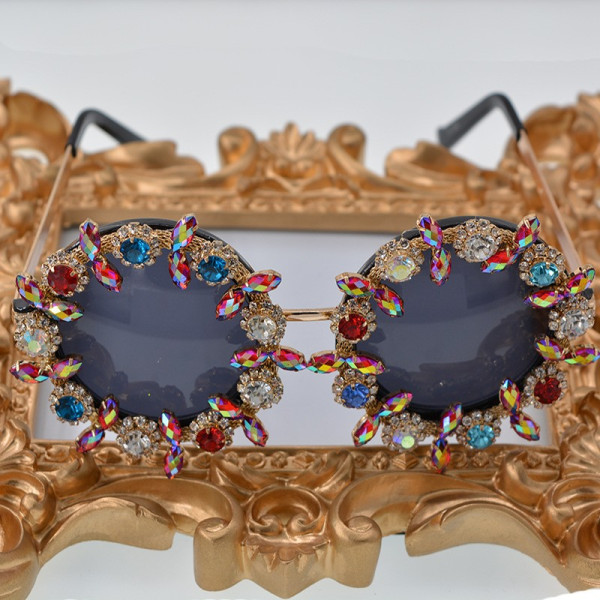 Ретро луксозни очила с кръгла форма и кристали yj27