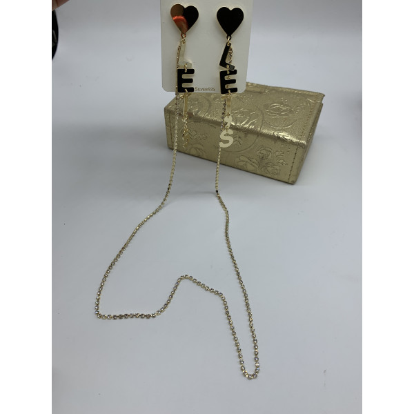 Модни дамски обеци със сърце текст и свързващ синджир в златисто А117