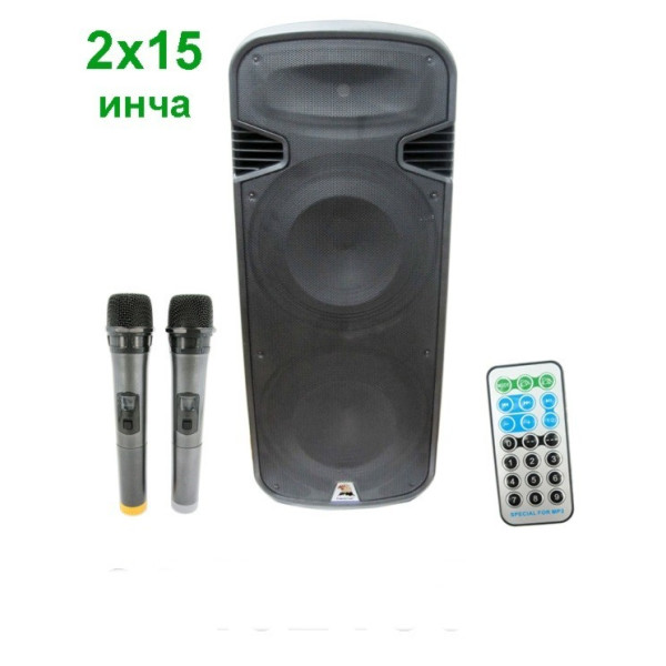 Мобилна караоке колона с 2 говорителя 15 инча + 2 безжични микрофона 1