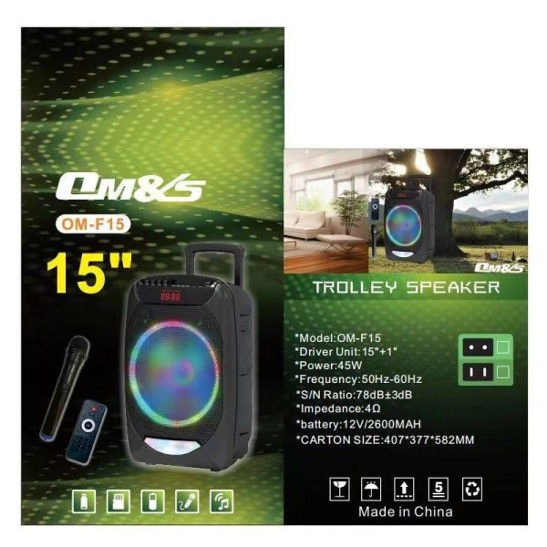 Караоке тонколона OM&S 15" с акумулатор, микрофон, Bluetooth и светлини