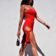 Дамска рокля до коляното с тънки презрамки, по тялото и отворено дясно бедро FZ8 4