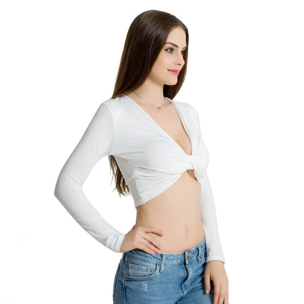 Блуза с дълъг ръкав, къса дължина и дълбоко V-образно деколте FZ15