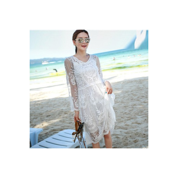 Бяла феерична плажна рокля от дантела с дълъг ръкав и дължина до коляното Y73 5