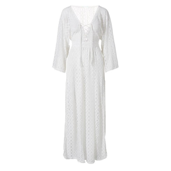 Плажна рокля с бродирана дантела в бял цвят Y90