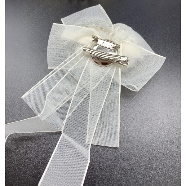 Дамска брошка, панделка в бял дизайн, декорирана с перли - Е08-7 3