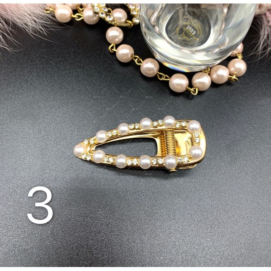 Елегантна дамска фиба за коса, златиста с перли и кристали - F60