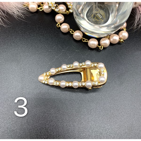 Елегантна дамска фиба за коса, златиста с перли и кристали - F60 3