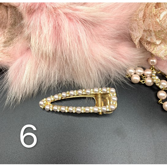 Елегантна дамска фиба за коса, златиста с перли и кристали - F60