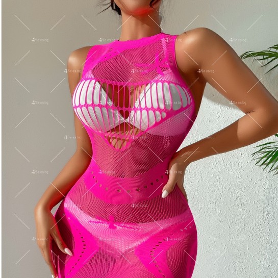 Секси дамска мрежеста къса рокля в розово-червен цвят NY182