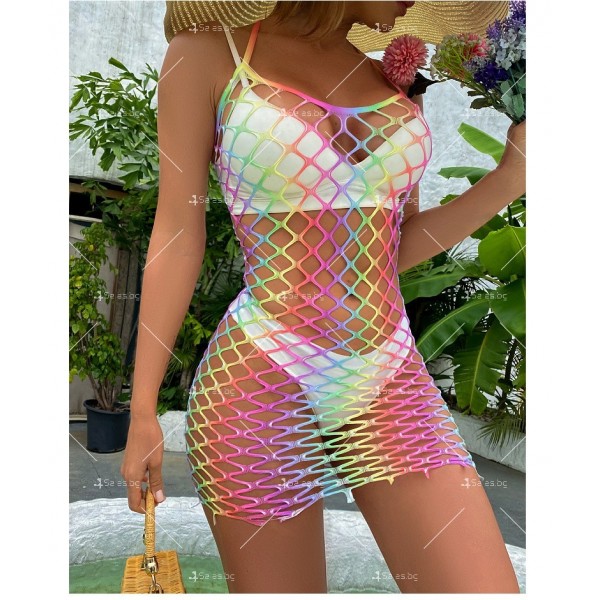 Къса плажна рокля на едра мрежа с тънки презрамки NY187 5