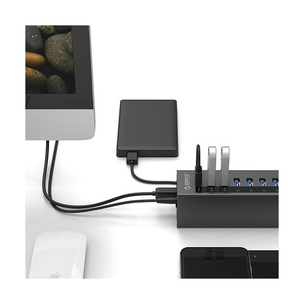 Алуминиев 7 портов USB 3.0 хъб Orico с 12V2.5A захранващ адаптер