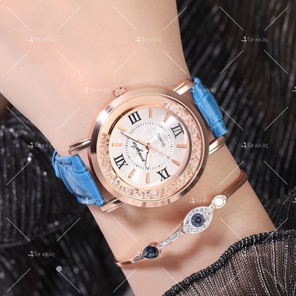 Дамски ръчен часовник с кръгъл циферблат с камъни и кожена каишка WW30 13