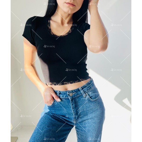 Къса дамска секси тениска с дантела на ръкавите - G87 1