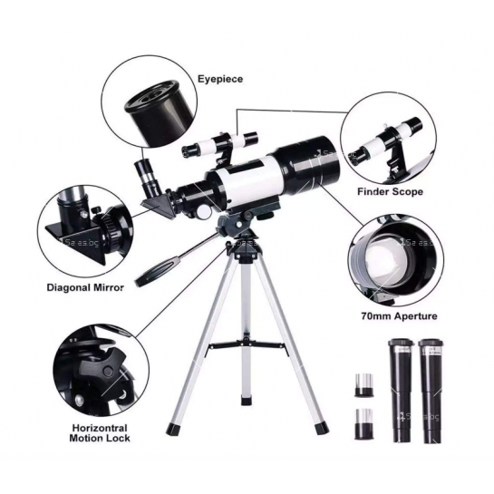 Пречупващ се астрономически телескоп с адаптер за смартфон