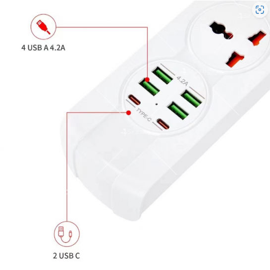 Универсален тип разклонител с три гнезда и USB букси