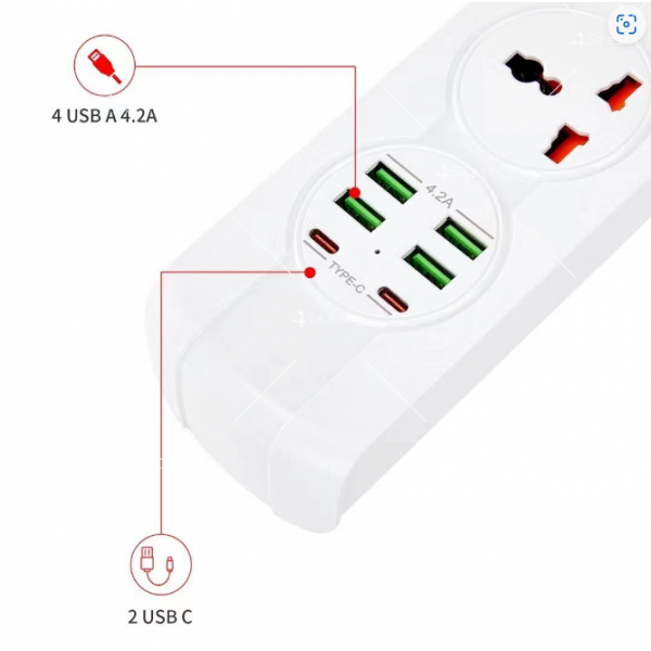 Универсален тип разклонител с три гнезда и USB букси 1